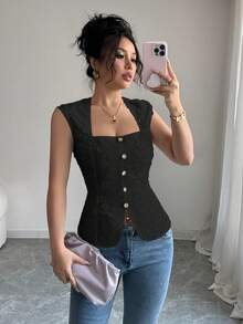 Elenzga 女士夏季外出、约会、海滩、度假、波西米亚风、西部风、婚礼、音乐节时尚优雅甜美法式迷人浪漫编织白色刺绣方领复古纽扣腰部设计常规衬衫女士黑色上衣无袖黑色上衣带纽扣黑色上衣优雅黑色上衣可爱黑色上衣女士上衣优雅上衣 - 黑色 - 查看 6