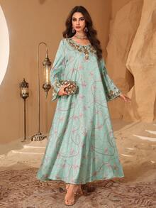 Al Najma 优雅奢华的甜心领串珠喇叭袖连衣裙，春夏款 - 彩色 - 查看 5