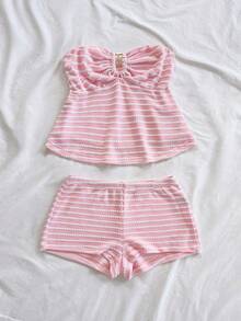 Soleia Women's Summer Set Vacation Outfits Women Casual Sets For Women Pink  Carnival Women's Striped Ruched Bandeau Top And Shorts 2 Pieces Set
