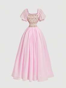 SHEIN MOD Đầm nữ thanh lịch cổ vuông xếp nếp tay phồng ngắn họa tiết hoa jacquard - Hồng - Xem 3