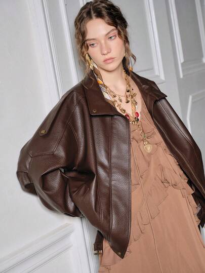 Anewsta 女士纯色长袖拉链领口袋PU皮休闲夹克