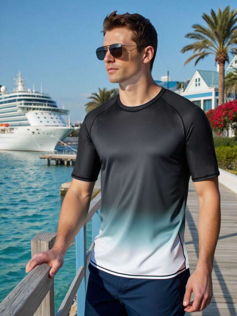Manfinity Swimmode Summer Men's Gradient Surf Rashguard Swimwear For Beach & Holiday Cruise Clothes For Men Mens Rash Guard Shirt Men Active Wear Beach Wear For Men Swim Shirt For Men