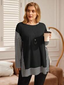 EMERY ROSE Plus Size Striped Patchwork Round Neck Drop Shoulder Side Slit Long Sleeve T-Shirt - Black - View 4