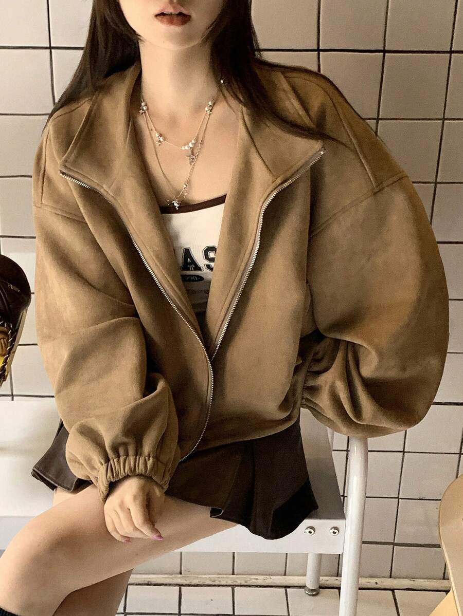 DAZY 女士麂皮绒质感韩版长袖外套 - 卡其色 - 查看 1