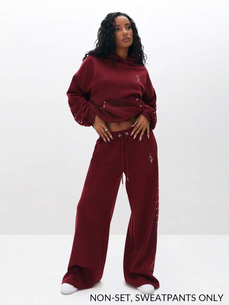 BABYPHAT Baggy Sweatpants With Stud Detail Drawstring Wide Leg Pants Relaxed Fit Loungewear Casual Streetwear