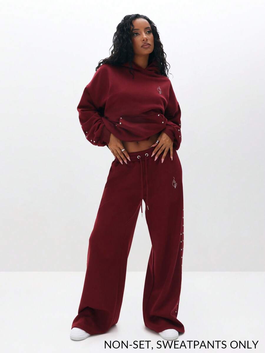 BABYPHAT 宽松运动裤，带铆钉细节，抽绳阔腿裤，宽松家居服，休闲街头服饰 - 鏽棕色 - 查看 1