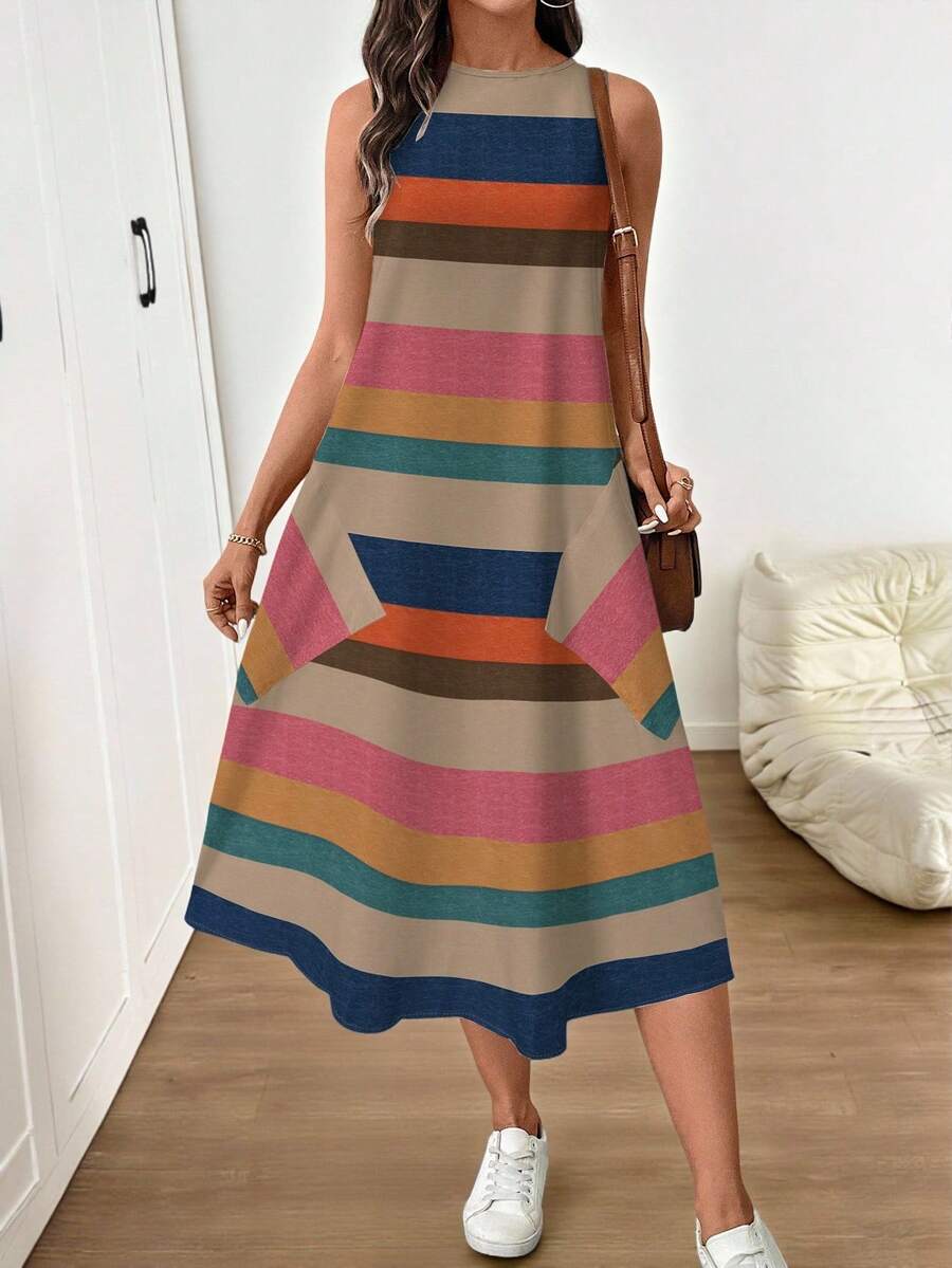 SHEIN LUNE Vestido casual de mujer de longitud media con estampado de bloques de color a rayas, adecuado para primavera/verano - Multicolor - Ver 1