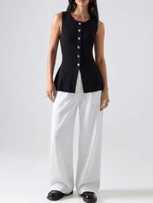 LYSMO Blusas casuales de punto de unicolor para mujer, apropiadas para el verano - Negro - Ver 3