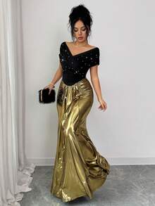 Selianne 优雅露肩连衣裙，珍珠装饰，鱼尾下摆，褶饰腰部，适合派对、婚礼、活动的正式礼服 - 金色 - 查看 4