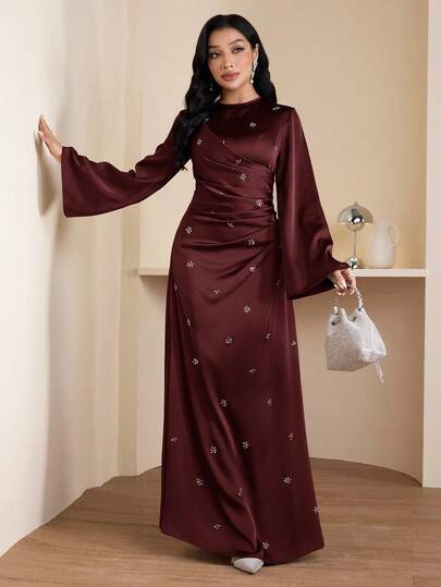 Veilorie Women's Round Neck Flare Sleeve Rhinestone Decor Pleated Dress, Elegant