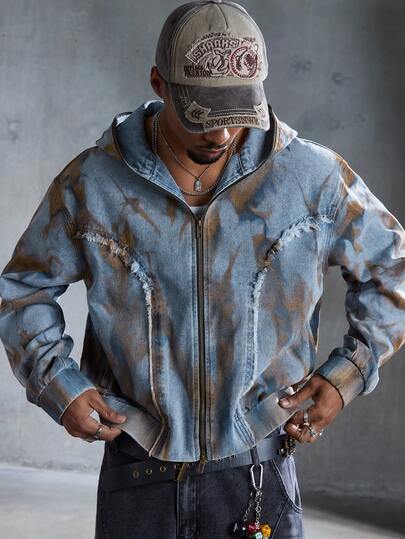 Street Life Veste en jean à capuche avec imprimé tie-dye vintage lavé, style décontracté pour homme