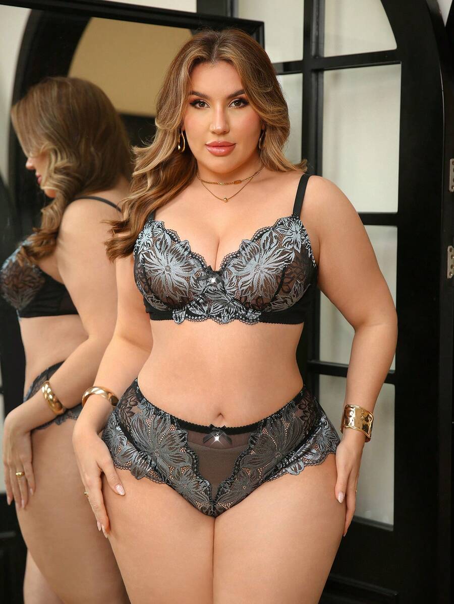 Snug Zone 2pcs Plus Size Lace Contrast Mesh Bra Set With Underwire - Multicolor - View 1