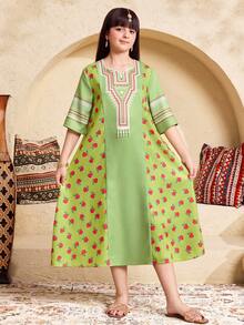 SHEIN Tween Girl Green Floral Print Retro Embroidery A-Line Maxi Vacation Dress,Autumn Boho Holiday Robe,Suitable For Festivals & Special Occasions,Jalabiya - Green - View 5