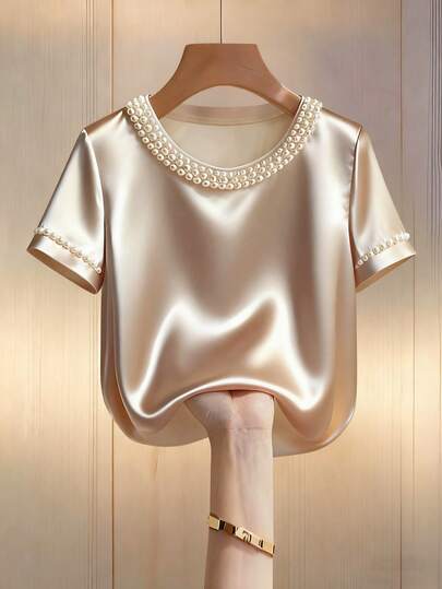 Franclia Women's High-End Satin Satin Champagne-Colored Loose-Fitting Short-Sleeved Blouse With Pearl Embellishments On The Neckline And Cuffs.,Summer,Spring,Valentine's Day ,Romance , Dating,Beach, Wedding,Birthday,Going Out,Elegant,Casual,Vacation,Graduation Season Attire, Fashionable Casual Commuter Wear, Business Office Wear, Versatile And Stylish Everyday Casual Wear, Urban Teacher's Professional Attire