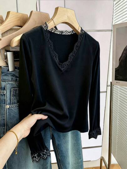 Franclia Women's Elegant Sexy Lace Splice Design Soft Power Generous Commuting Versatile Daily Wear Minimalist Slim Fit V-Neck Long Sleeve Top, Early Autumn