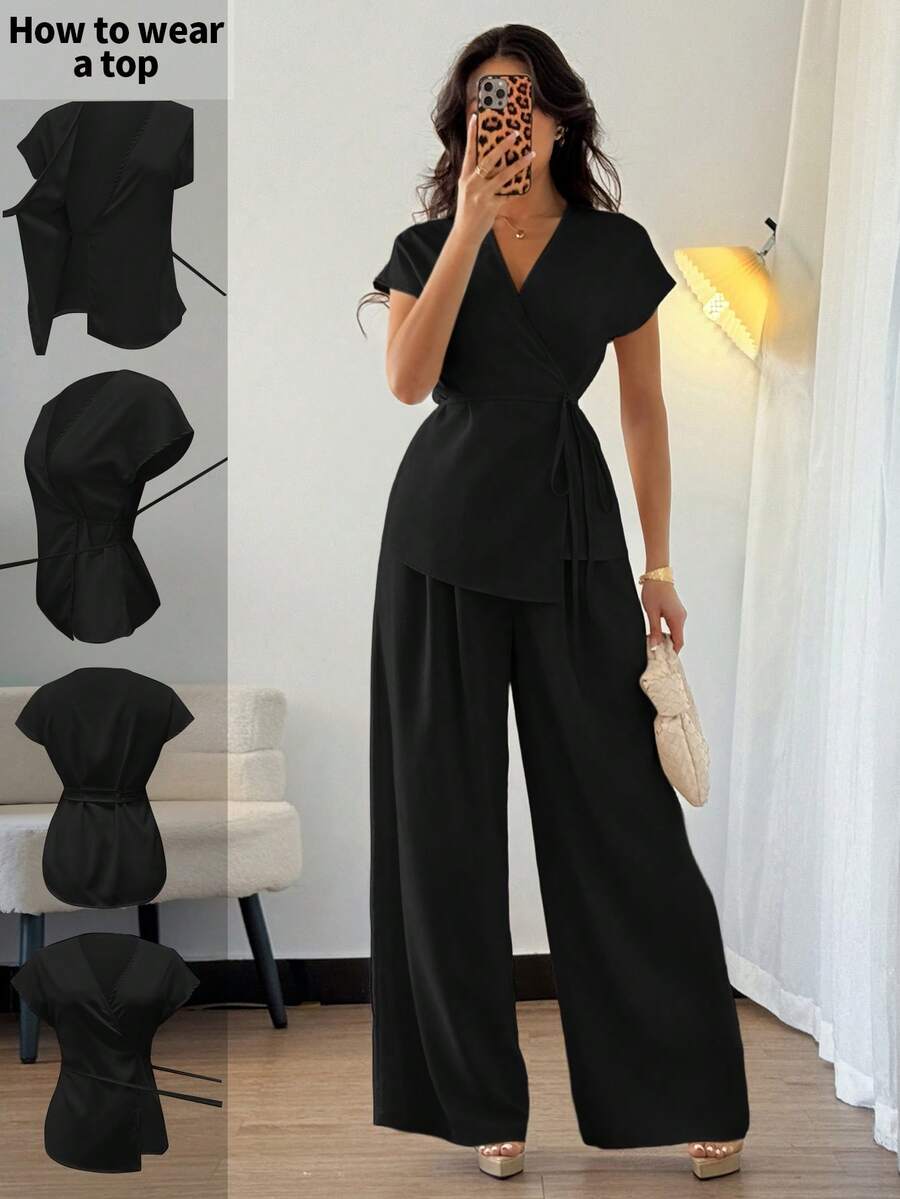 Elenzga Bộ đồ nữ thanh lịch gồm áo kiểu tay cánh dơi và quần ống rộng dáng suông, chất liệu dệt, màu mơ, thích hợp cho các hoạt động mùa hè, hẹn hò, du lịch. - màu đen - Xem 1
