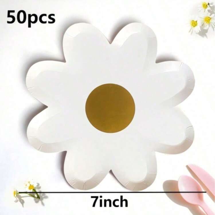 10个/20个/50个雏菊花形纸盘，复古风一次性餐盘，波西米亚风花朵造型甜点盘，适用于波西米亚嬉皮复古主题生日、节日晚餐餐具装饰 - 彩色 - 查看 9