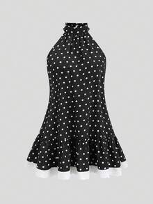 Sweetra Women's Sleeveless Printed Polka Dot A-Line Ruffle Hem Patchwork Lace Mini Dress, Cute Retro Casual Summer Dress - Black and White - View 1