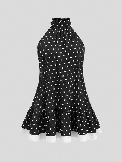 Sweetra Women's Sleeveless Printed Polka Dot A-Line Ruffle Hem Patchwork Lace Mini Dress, Cute Retro Casual Summer Dress