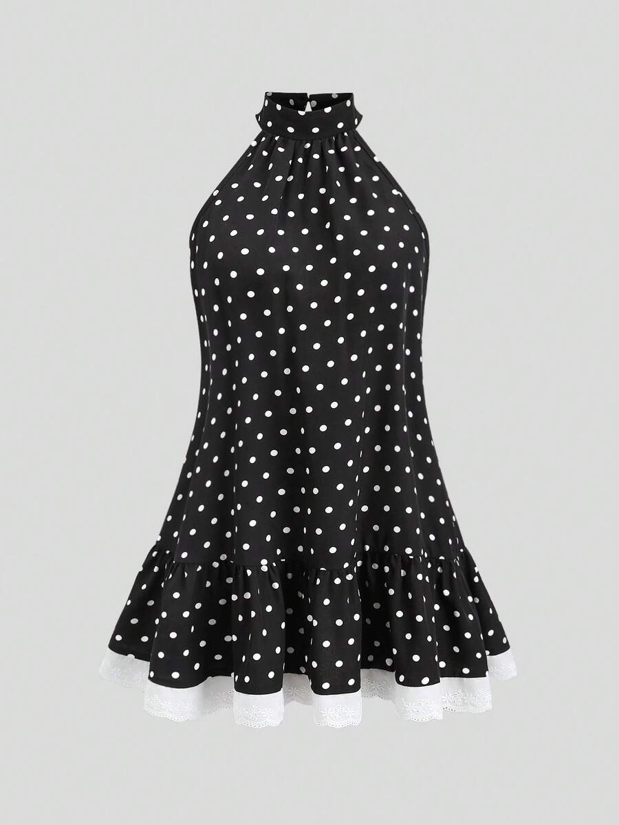 Sweetra Women's Sleeveless Printed Polka Dot A-Line Ruffle Hem Patchwork Lace Mini Dress, Cute Retro Casual Summer Dress - Black and White - View 1