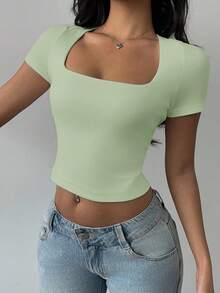 SHEIN BASICS 纯色针织可翻领修身短款女式上衣 - 綠色 - 查看 4