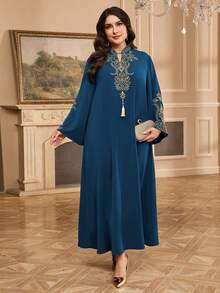 Al Najma Đầm dáng rộng kiểu Ả Rập in họa tiết cây cỏ, thiết kế tua rua dành cho nữ cỡ lớn - Màu xanh ngọc - Xem 6