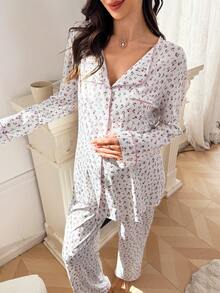 Moonlight&Mama 2pcs Ditsy Floral Lapel Pocket Front Long Sleeve Sleepwear Top And Pants Set, Maternity - Multicolor - View 5