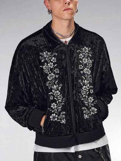 Street Life Men's Casual Vintage Velvet Floral Embroidered Long Sleeve Jacket, Autumn