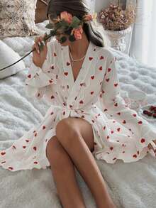 SHEIN Women's Heart Print Ruffle Lace Trim Robe Summer Robe Womens Robe Cute Robes Cute Sleepwear Heart Print Robe