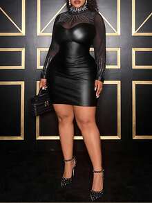 Veslaya 大码女式高领网纱拼接水钻装饰长袖派对连衣裙 - 黑色 - 查看 10