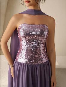 Coutiva Luxury Sequin Embellished Formal Gown, High-End Elegant Party Dress - Purple - View 2