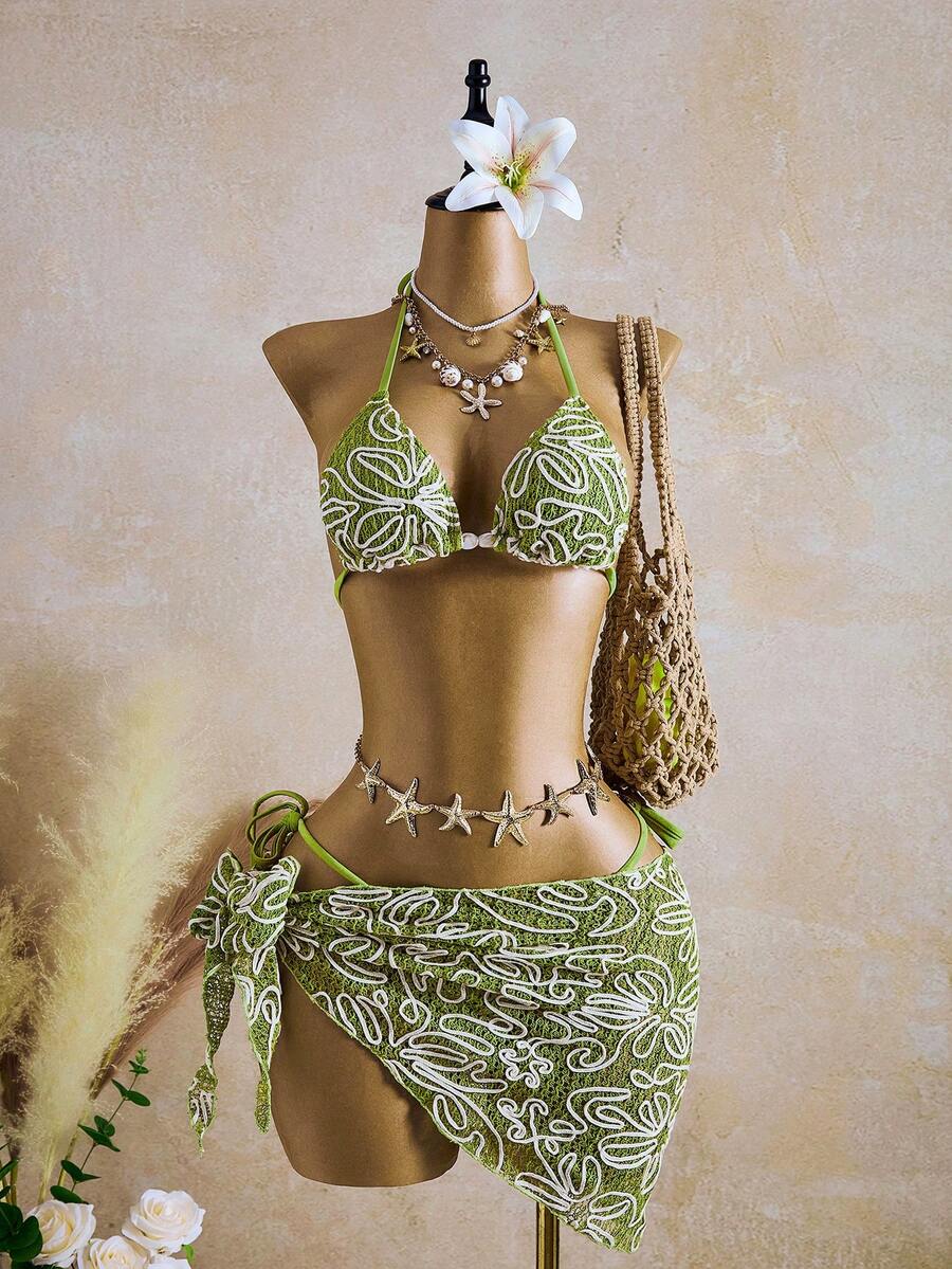 Bellisia 3pcs Green Base White Striped Floral Special Fabric Halter Backless Women Swimsuit Set, Spring/Summer - Green - View 1