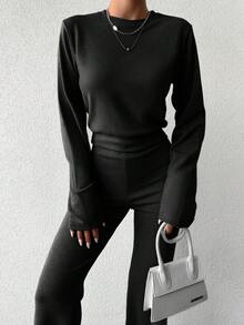 EURMUSE 2 peças/conjunto feminino cor sólida gola redonda manga comprida camiseta e calças boca de sino roupa casual, outono - Preto - Ver 4