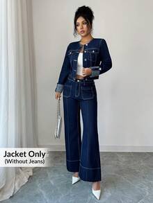 Elenzga 女士休闲水洗牛仔外套，秋季 - 深色水洗藍 - 查看 1