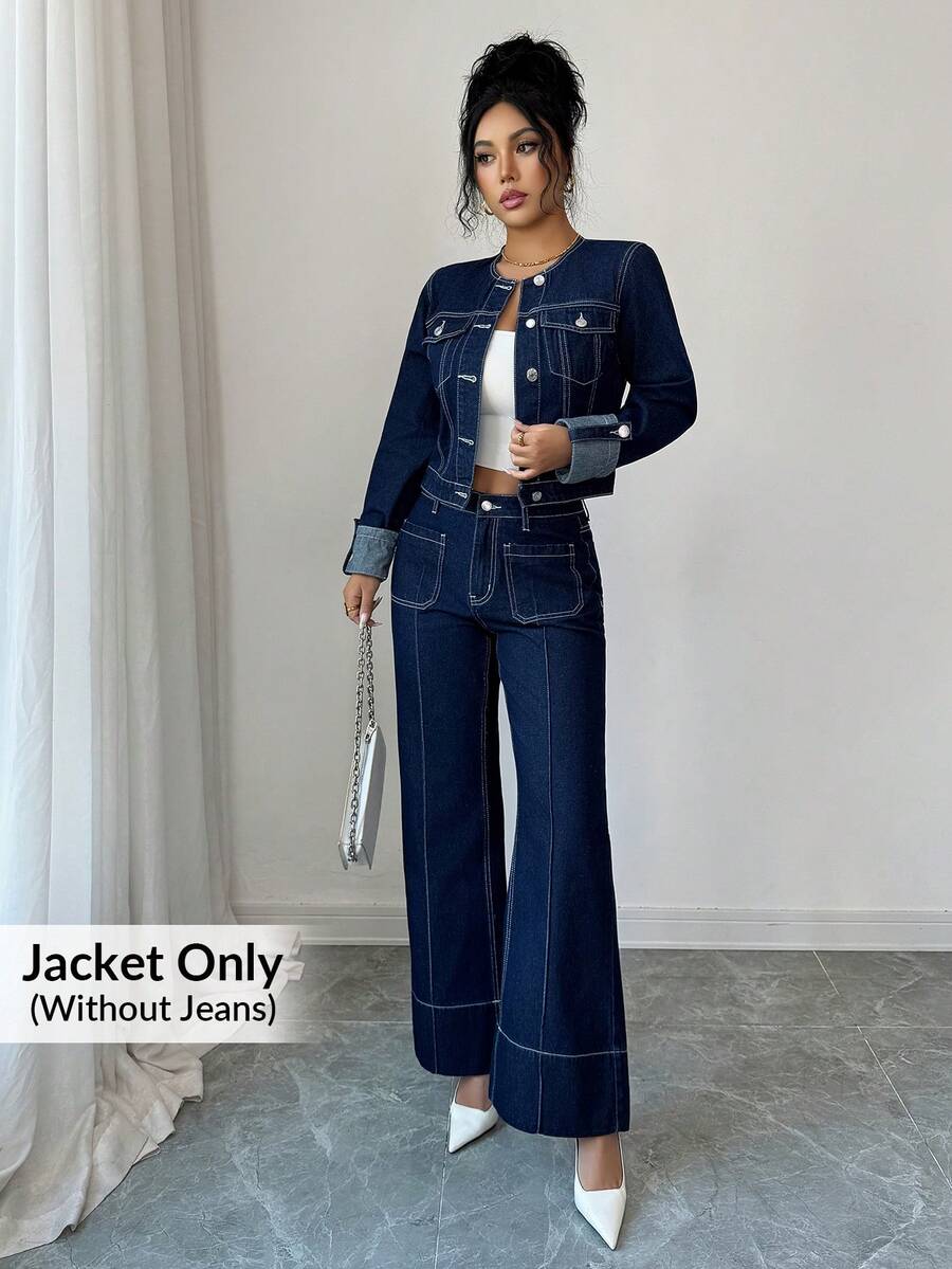 Elenzga 女士休闲水洗牛仔外套，秋季 - 深色水洗藍 - 查看 1