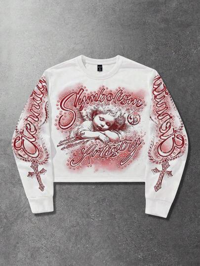 Goth Maglione girocollo a maniche lunghe con stampa minimalista per uomo