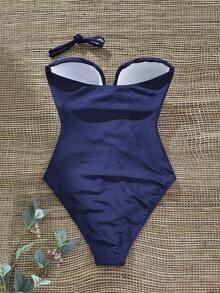 Swim Chiccia Bộ đồ bơi một mảnh họa tiết ngọc trai xếp nếp cổ chữ V sâu màu trơn dành cho nữ, Xuân/Hè - Màu xanh lam - Xem 6