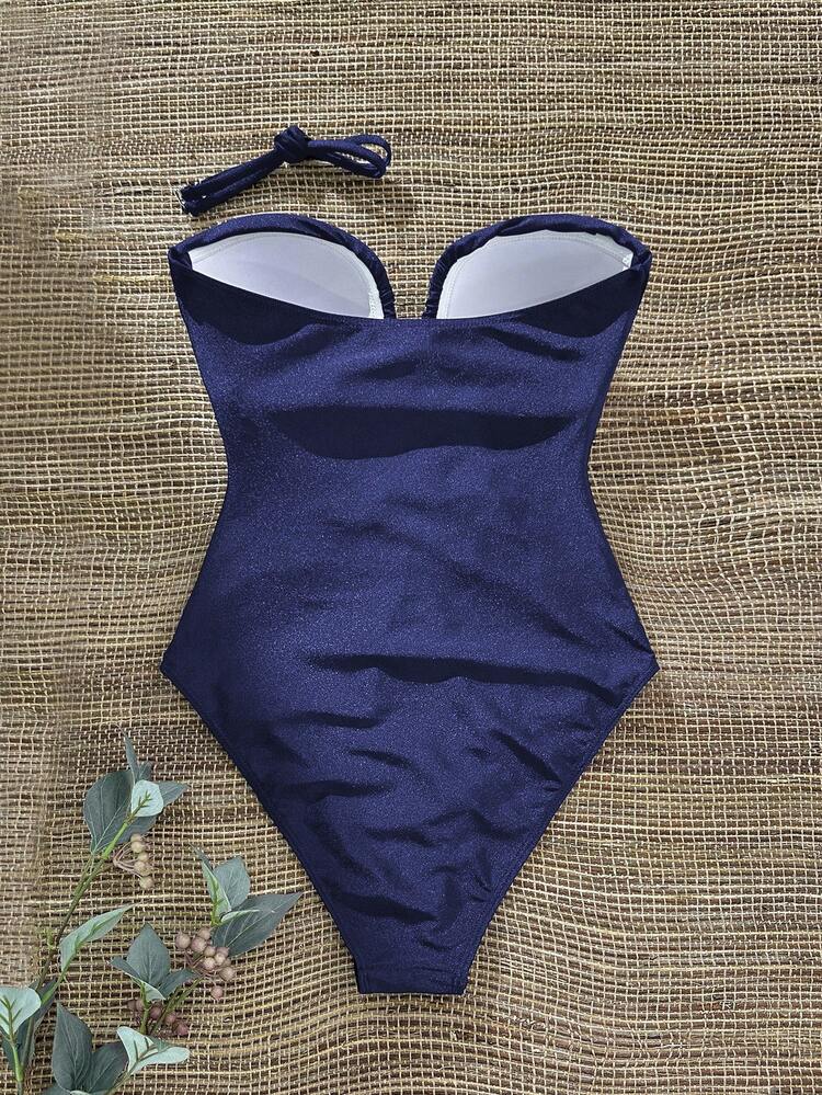 Swim Chiccia 女士纯色深V领褶皱珍珠装饰连体泳衣，春夏款 - 藍色 - 查看 6