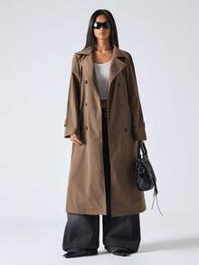 SHEIN EZwear 女士时尚双排扣系带长款风衣，秋季 - 摩卡棕 - 查看 5