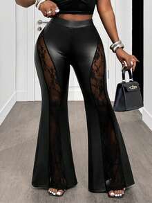SHEIN BamGlam Damen neue sexy PU-Leder Patchwork Spitze transparente Hose mit hoher Taille, weite Beine, lange Hose, modisch und sexy - Schwarz - Übersicht 7