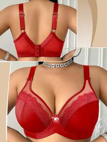DesireSculpt 1 pieza Sujetador con aros y parches de encaje para tallas grandes - Rojo - Ver 3