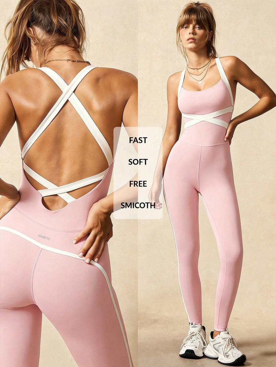 VARSIVA Mono sin mangas con bloqueo de color y espalda descubierta, elástico, para verano - Rosa - Ver 1