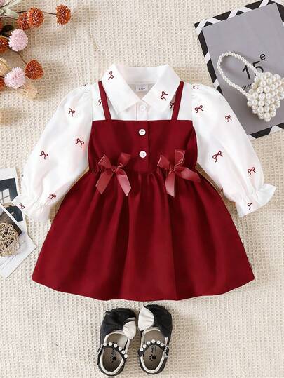 SHEIN Playful Pals Baby Girls' Collared Puff Sleeve 2 In 1 A-Line Dress. Classic A-Line Silhouette Suitable For Babies Of All Body Types. Distinctive Collar Design Adds A Touch Of Formality, While The Ingenious Puff Sleeve Treatment Is Sweet And Playful. The 2 In 1 Design Creates Visual Depth. Whether For Outings Or Casual Home Wear, This Dress Showcases The Baby's Lively And Adorable Nature.