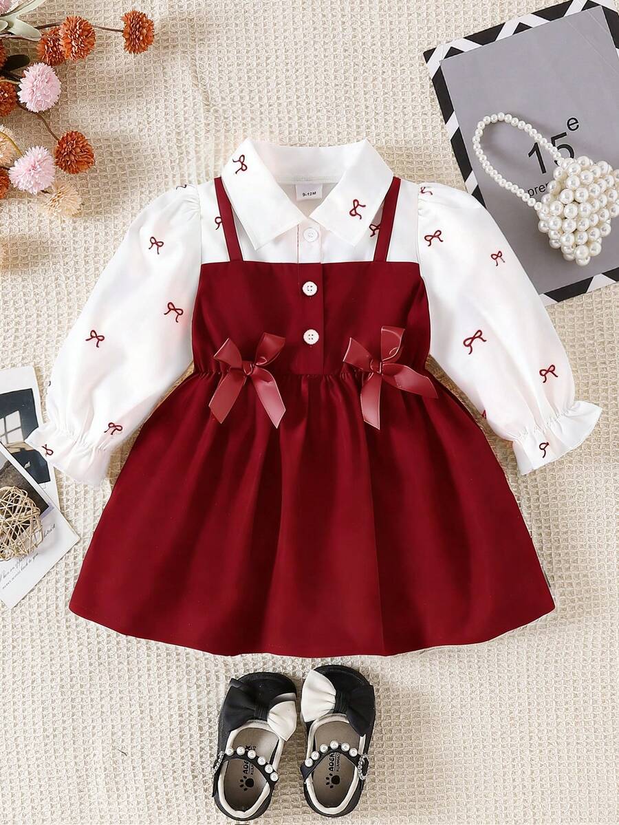 SHEIN Playful Pals Đầm chữ A 2 trong 1 tay phồng cổ bẻ cho bé gái. Kiểu dáng chữ A cổ điển phù hợp với bé mọi dáng người. Thiết kế cổ áo độc đáo tạo thêm vẻ trang trọng, trong khi phần tay phồng khéo léo mang lại vẻ ngọt ngào và tinh nghịch. Thiết kế 2 trong 1 tạo nên vẻ ngoài nhiều lớp, bắt mắt. - Màu Đỏ Sâu - Xem 1