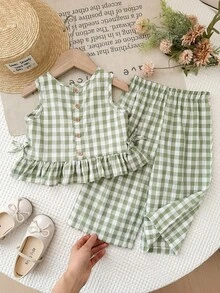 LMoss Kids LMoss   Baby Girl Plaid Ruffle Trim Camisole And Pants Set - Green - View 5