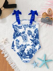 Emery Rose Kids Emery Rose Kids 女童春夏针织拼接蓝白瓷器复古图案吊带连体泳衣，带蝴蝶结 - 藍色 - 查看 3