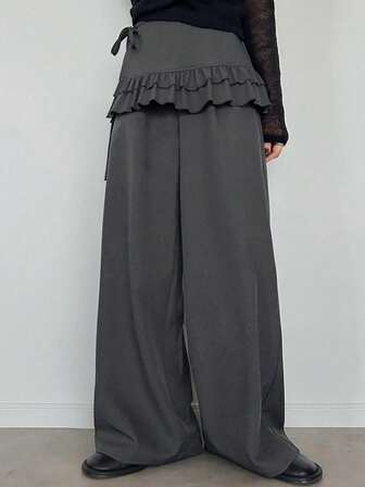 FRIFUL 2pcs Women's Casual Solid Color Ruffle Hem Pants Set