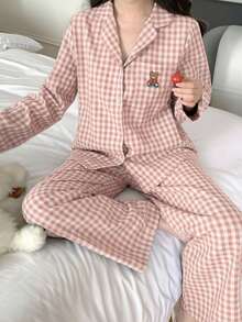 2件套少女极简韩版贴布图案小熊装饰翻领贴布长袖睡衣套装格子睡衣套装纽扣睡衣套装粉色格子睡衣小熊刺绣睡衣女式睡衣套装 - 淺粉色 - 查看 5
