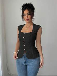 Elenzga 女士夏季外出、约会、海滩、度假、波西米亚风、西部风、婚礼、音乐节时尚优雅甜美法式迷人浪漫编织白色刺绣方领复古纽扣腰部设计常规衬衫女士黑色上衣无袖黑色上衣带纽扣黑色上衣优雅黑色上衣可爱黑色上衣女士上衣优雅上衣 - 黑色 - 查看 3