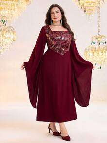 Al Najma Plus Size Women's Square Neck Cinched Waist Elegant Arabic Style Dress - Burgundy - View 6
